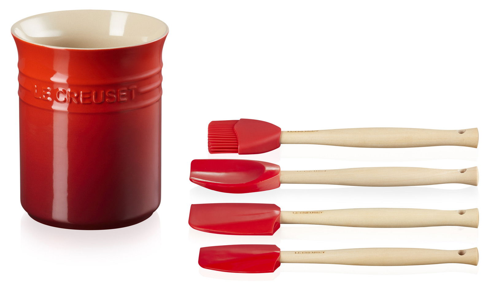 Küchenhelfer-Set Craft 4-tlg. in Rot, bestehend aus einem Utensilienhalter und drei Küchenwerkzeugen mit Holzgriffen, seitliche Perspektive.