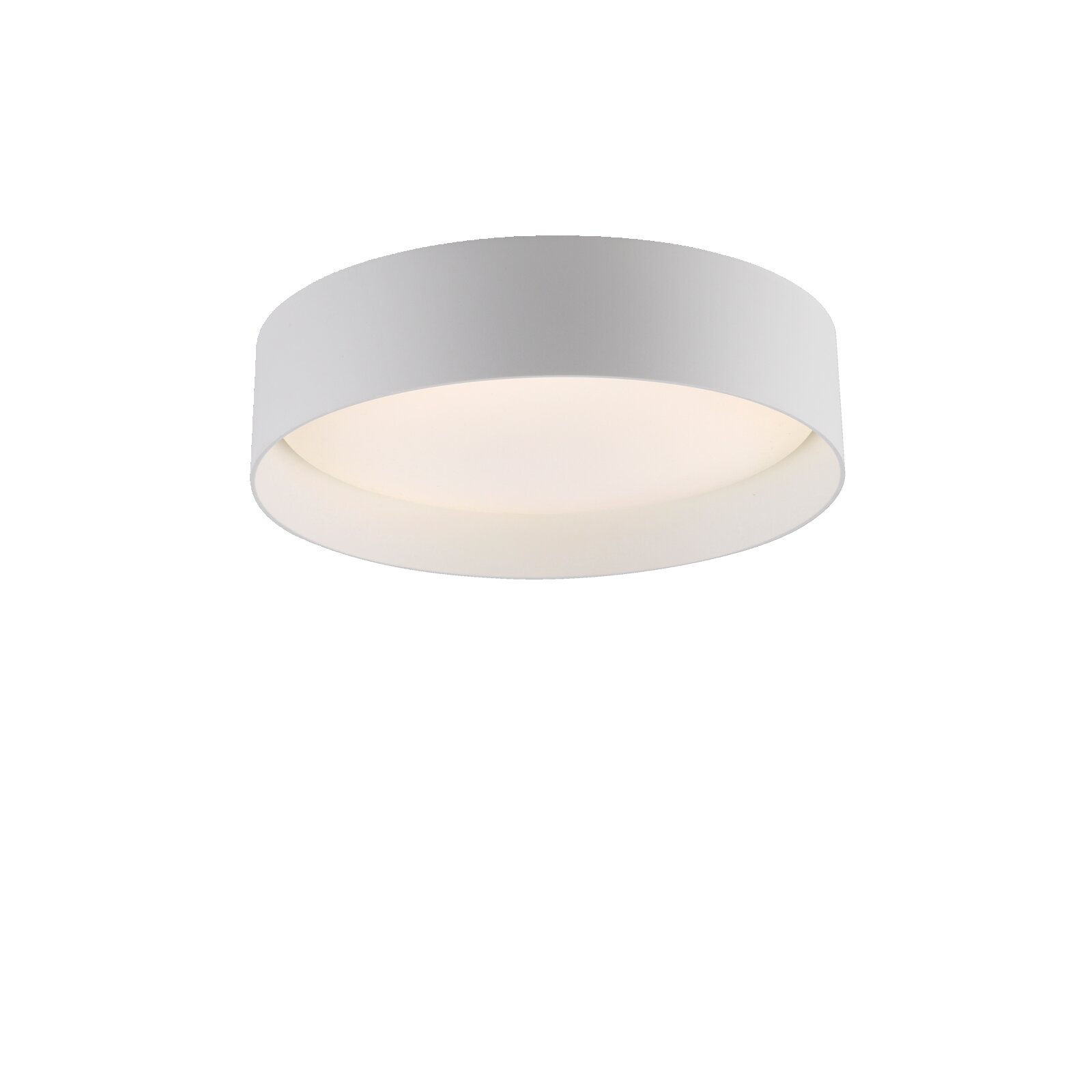 Runde, flache LED-Deckenleuchte in Weiß mit diffuser Lichtfläche, seitliche Untersicht an der Decke; unten eingeblendete Steuerung für Farbtemperatur (2700–5000 K) und Dimmen sowie Fernbedienung, Symbole für Nachtlicht, Timer, LED und Memory