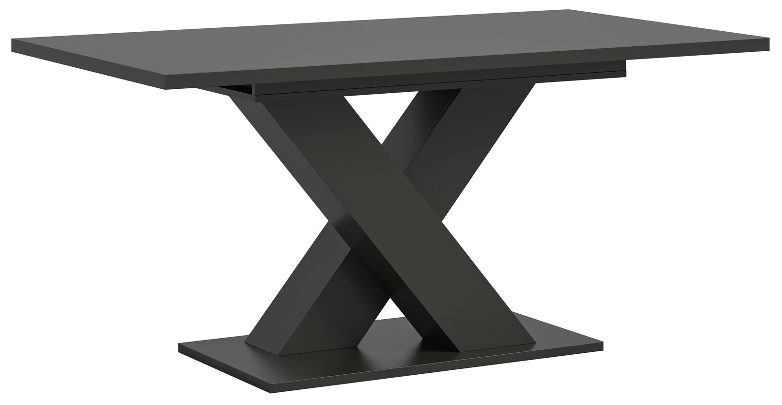Moderner Esstisch mit X-förmigem Gestell in dunkler Farbe, seitliche Perspektive