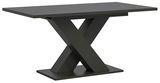 Moderner Esstisch mit X-förmigem Gestell in dunkler Farbe, seitliche Perspektive