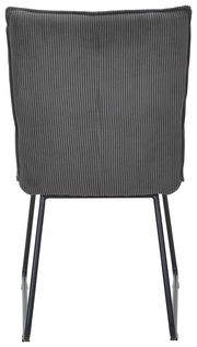 Rückansicht eines grauen Stuhls mit geripptem Stoffbezug und schwarzen Metallbeinen.