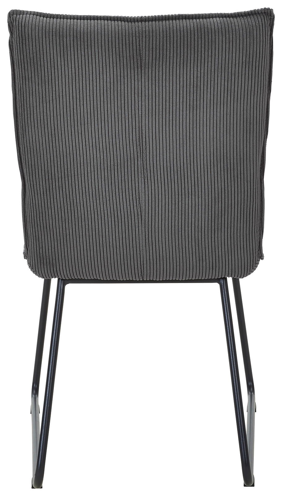 Rückansicht eines grauen Stuhls mit geripptem Stoffbezug und schwarzen Metallbeinen.