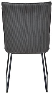 Rückansicht eines grauen Stuhls mit geripptem Stoffbezug und schwarzen Metallbeinen.