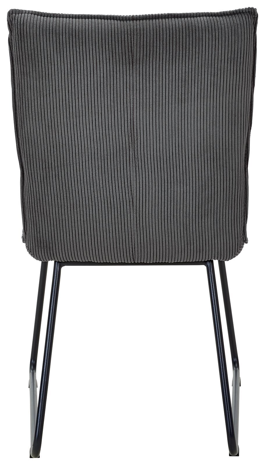 Rückansicht eines grauen Stuhls mit geripptem Stoffbezug und schwarzen Metallbeinen.