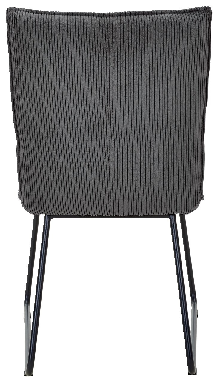 Johann Jakob Stuhl CALAS Rückansicht eines grauen Stuhls mit geripptem Stoffbezug und schwarzen Metallbeinen.