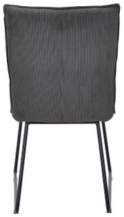 Achterkant van een grijze stoel met geribbelde stoffen bekleding en zwarte metalen poten.