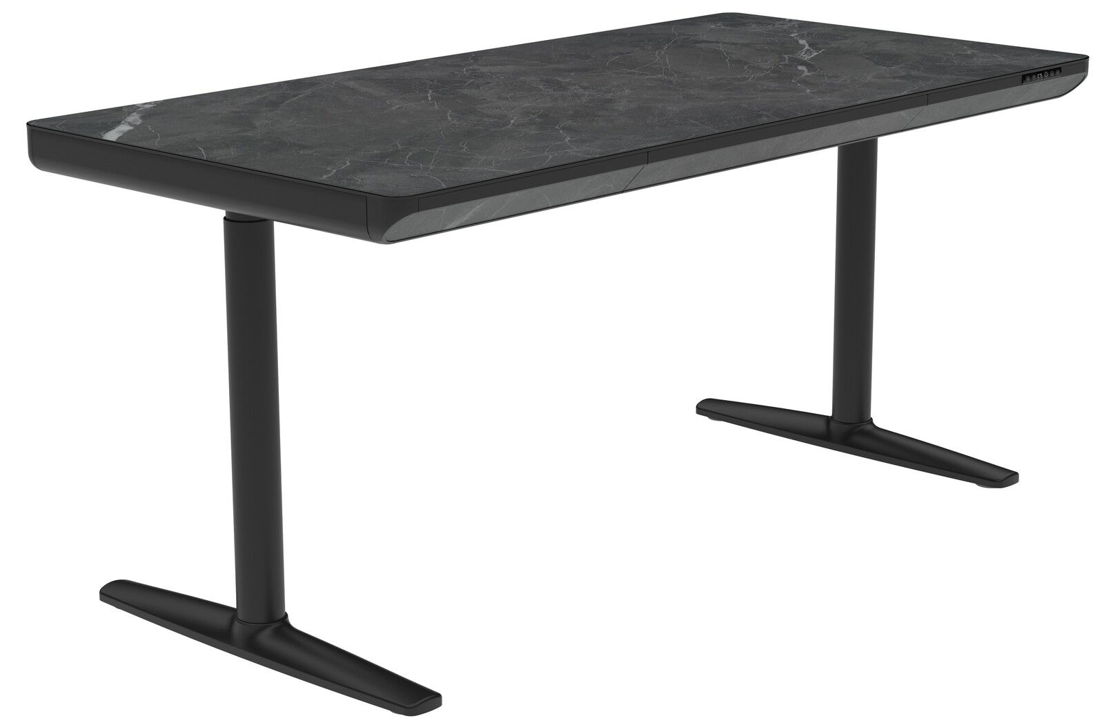 Moderner E-Schreibtisch mit schwarzer Marmoroptik, seitliche Perspektive