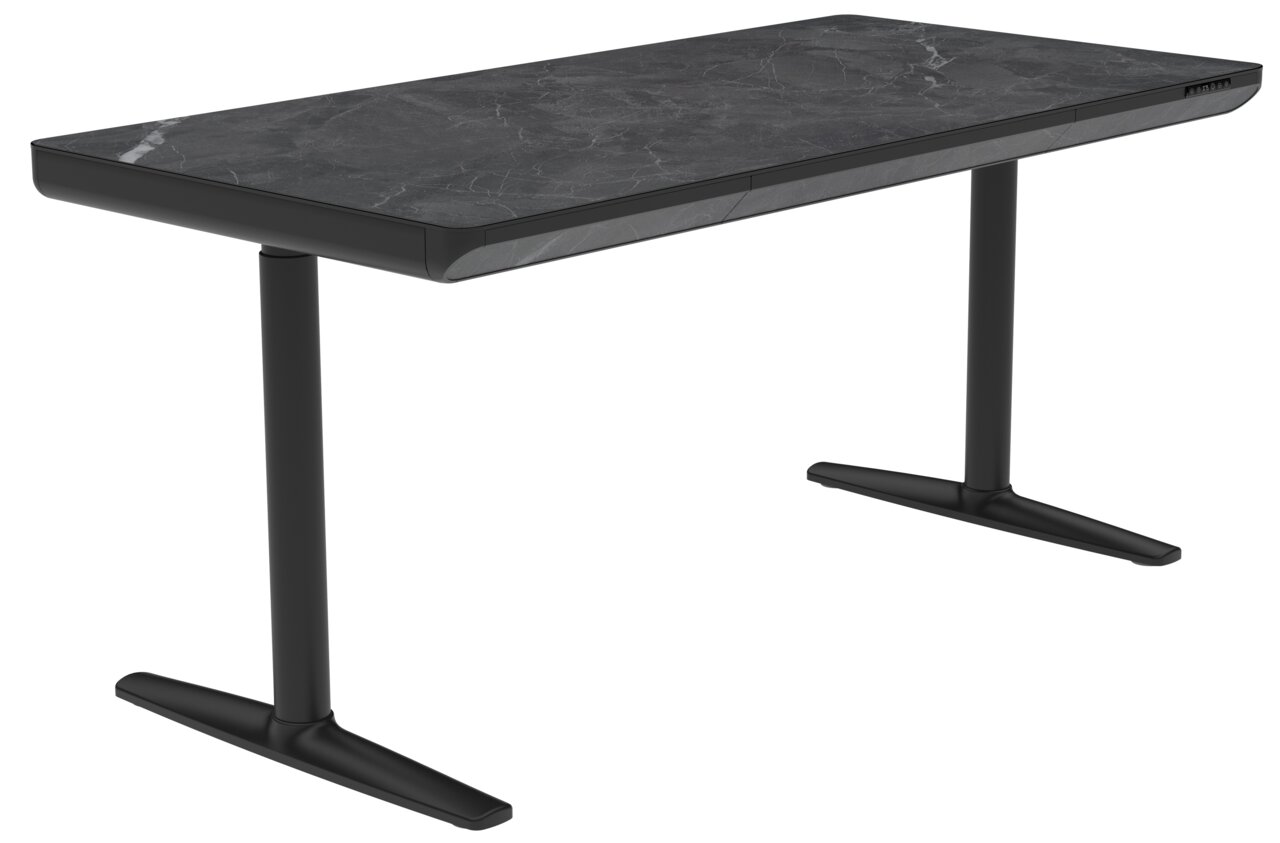 Moderner E-Schreibtisch mit schwarzer Marmoroptik, seitliche Perspektive
