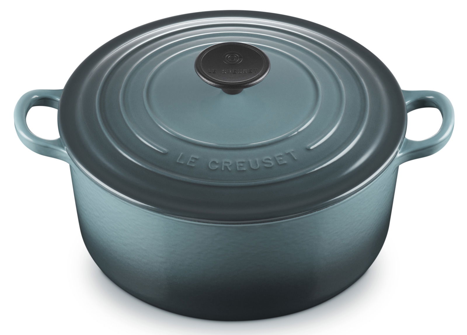 Runder Bräter 24cm in der Farbe Ocean von oben betrachtet, mit zwei Griffen und einem Deckel mit Knauf.