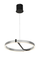 Moderne LED-Hängeleuchte in Ringform, silberfarben mit schwarzem Baldachin, seitliche Perspektive