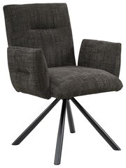 Grauer Armlehnstuhl mit gepolstertem Sitz und Rückenlehne, schwarzes Metallgestell, seitliche Perspektive