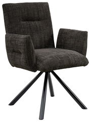 Grauer Armlehnstuhl mit gepolstertem Sitz und Rückenlehne, schwarzes Metallgestell, seitliche Perspektive