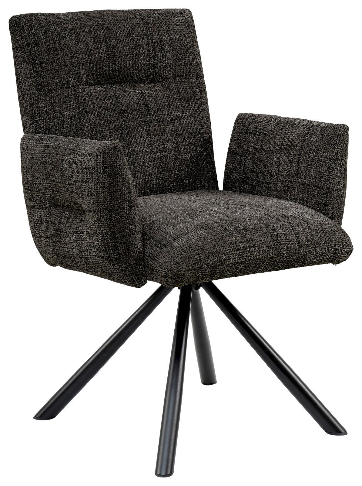 Grauer Armlehnstuhl mit gepolstertem Sitz und Rückenlehne, schwarzes Metallgestell, seitliche Perspektive