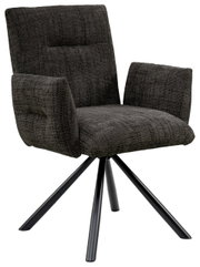 Grijze fauteuil met gestoffeerde zitting en rugleuning, zwart metalen frame, zijaanzicht