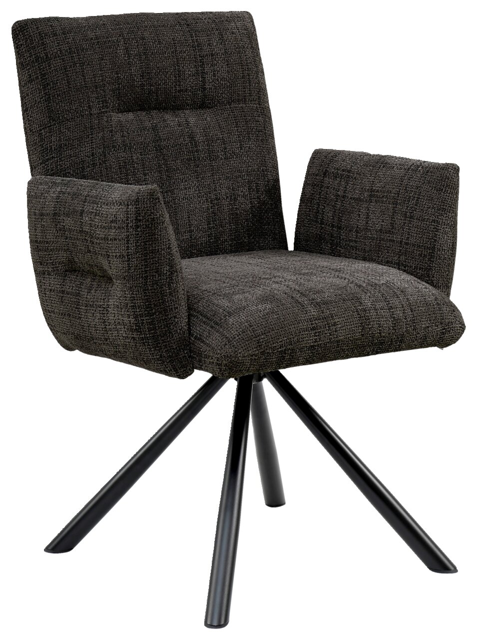 Grijze fauteuil met gestoffeerde zitting en rugleuning, zwart metalen frame, zijaanzicht