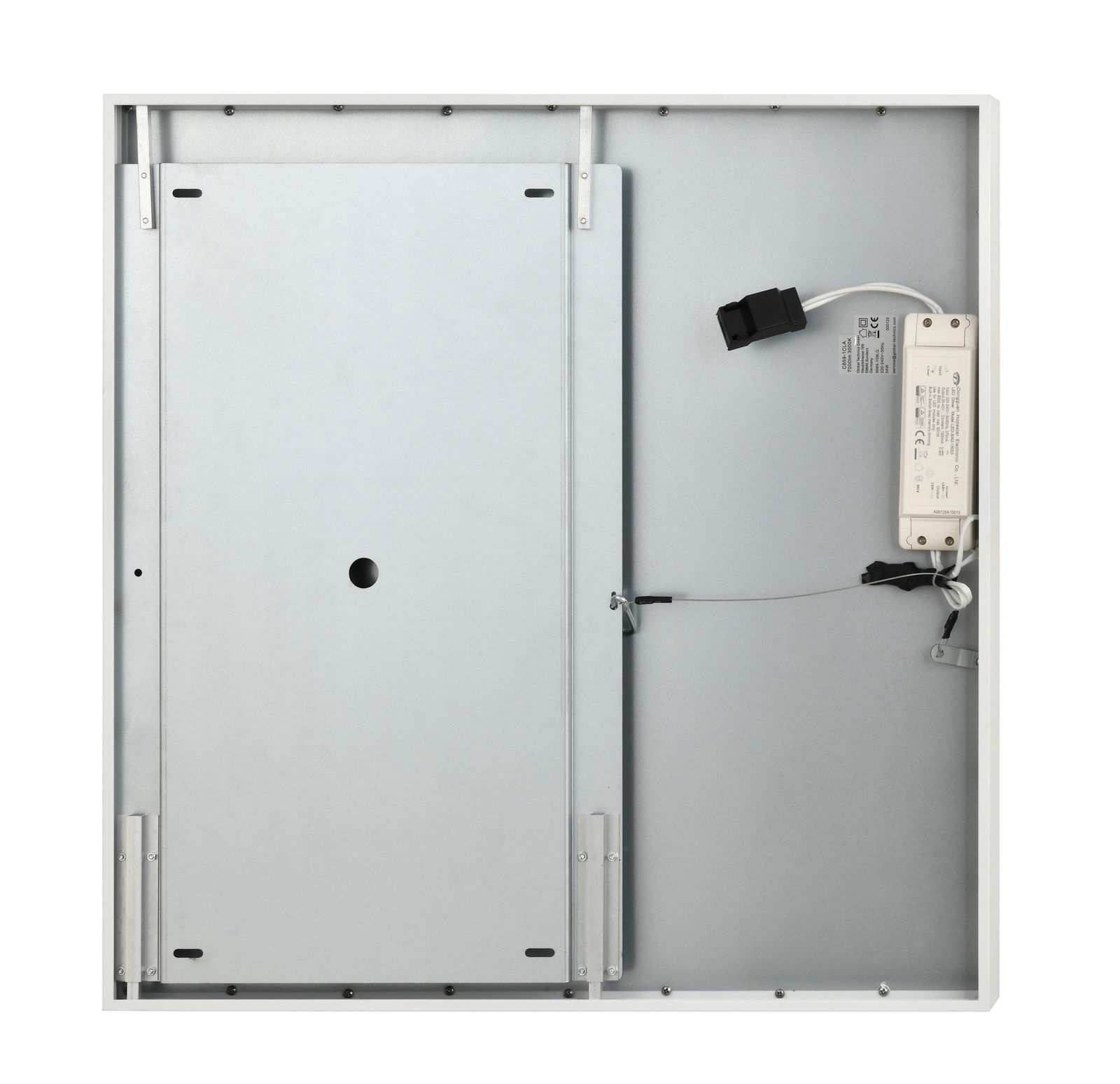 Rückansicht einer LED-Deckenleuchte mit sichtbarem Anschluss und Montagestruktur.