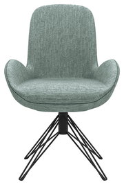 Moderner Armlehnstuhl mit grünem Stoffbezug und schwarzem Metallgestell, Frontalansicht