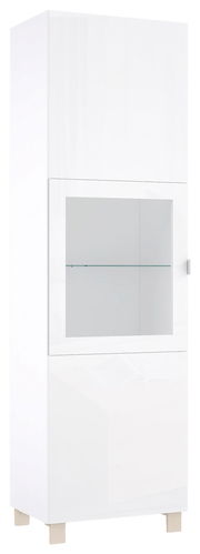 Weiße Vitrine mit Glastür, seitliche Perspektive
