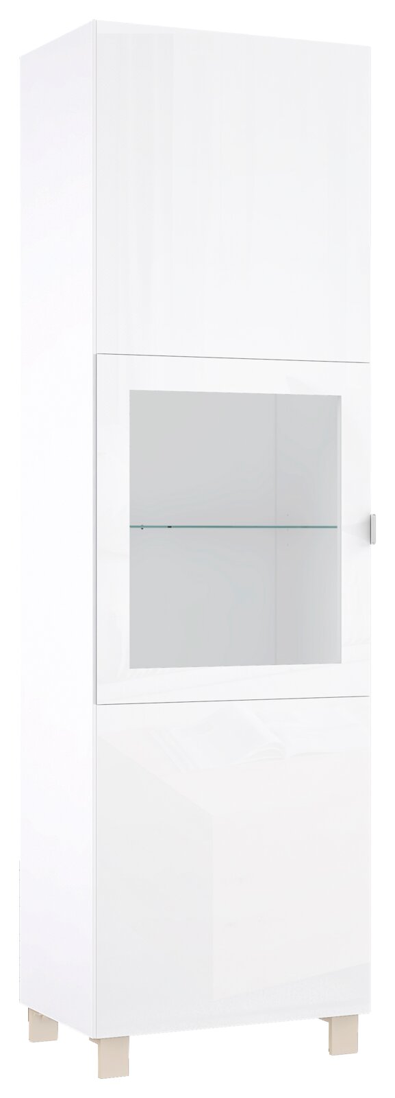 Weiße Vitrine mit Glastür, seitliche Perspektive