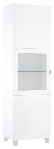 Weiße Vitrine mit Glastür, seitliche Perspektive