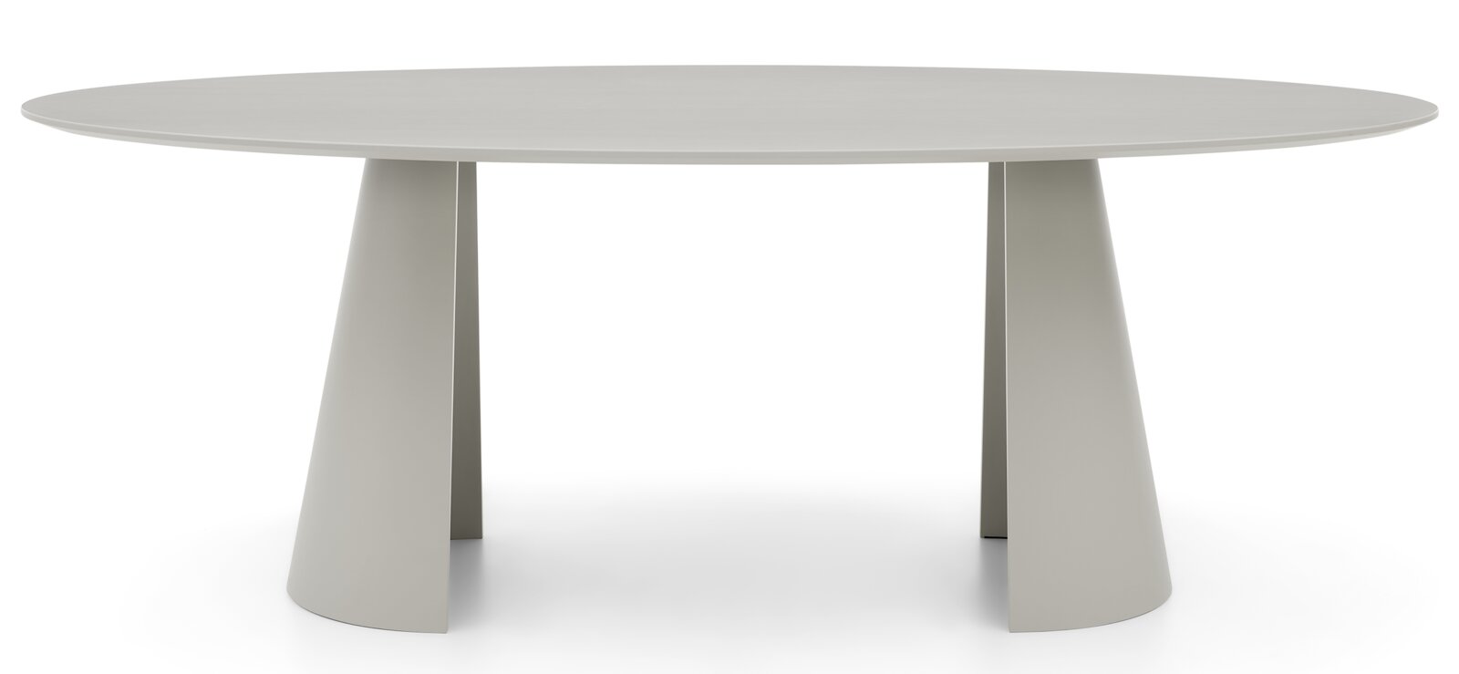 Runder Esstisch in Grau mit konischen Beinen, Frontalansicht