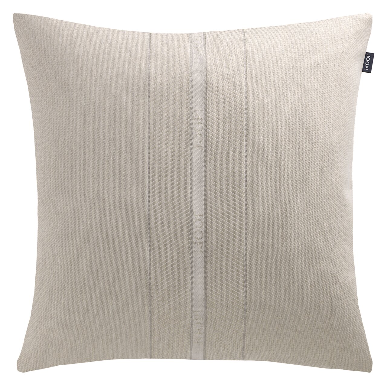 Beige sierkussenhoes met subtiel streepmotief en merklogo, vooraanzicht