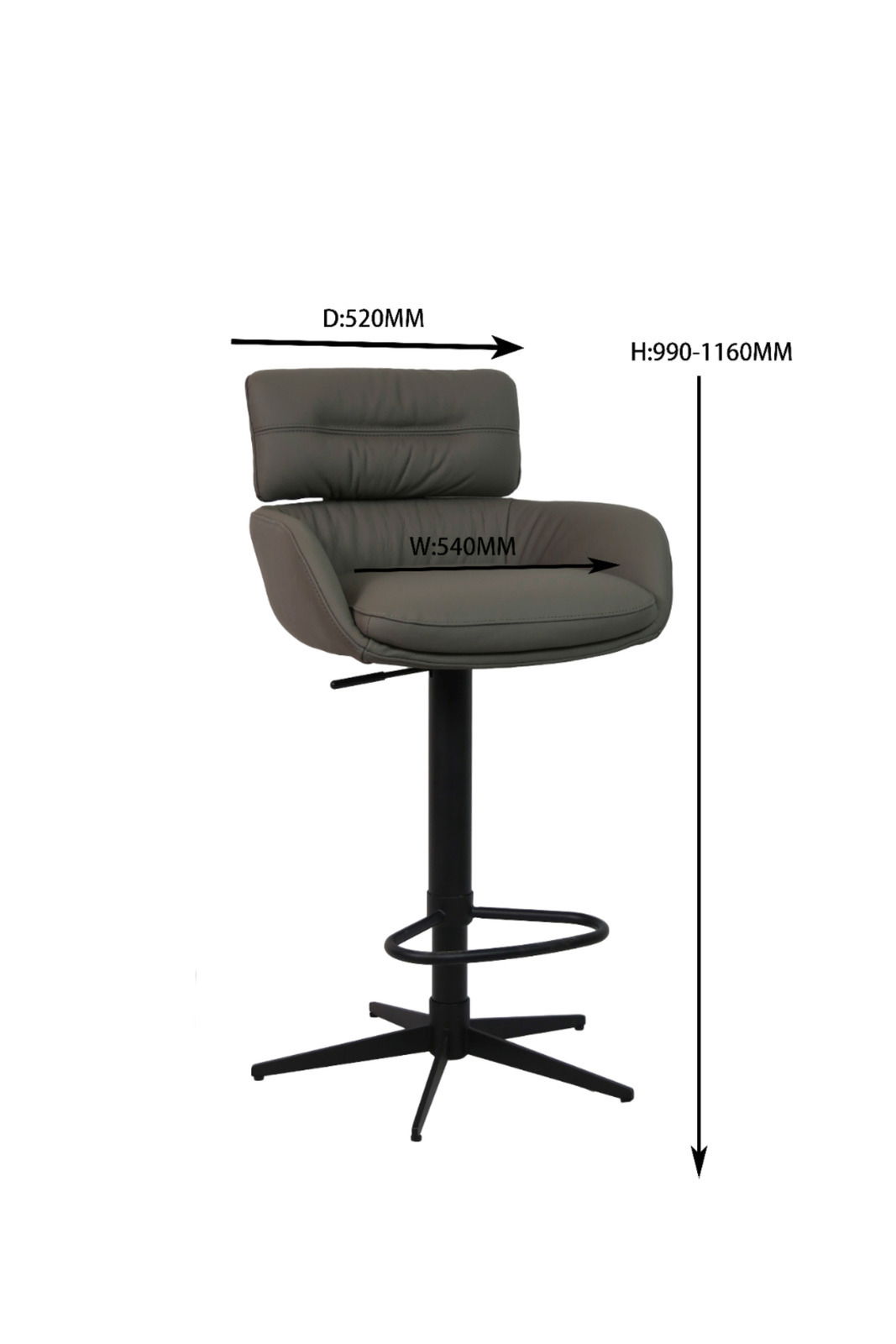 Moderner Barhocker mit gepolsterter Rückenlehne und Sitzfläche, verstellbarer Höhe und schwarzem Metallfuß, seitliche Perspektive.