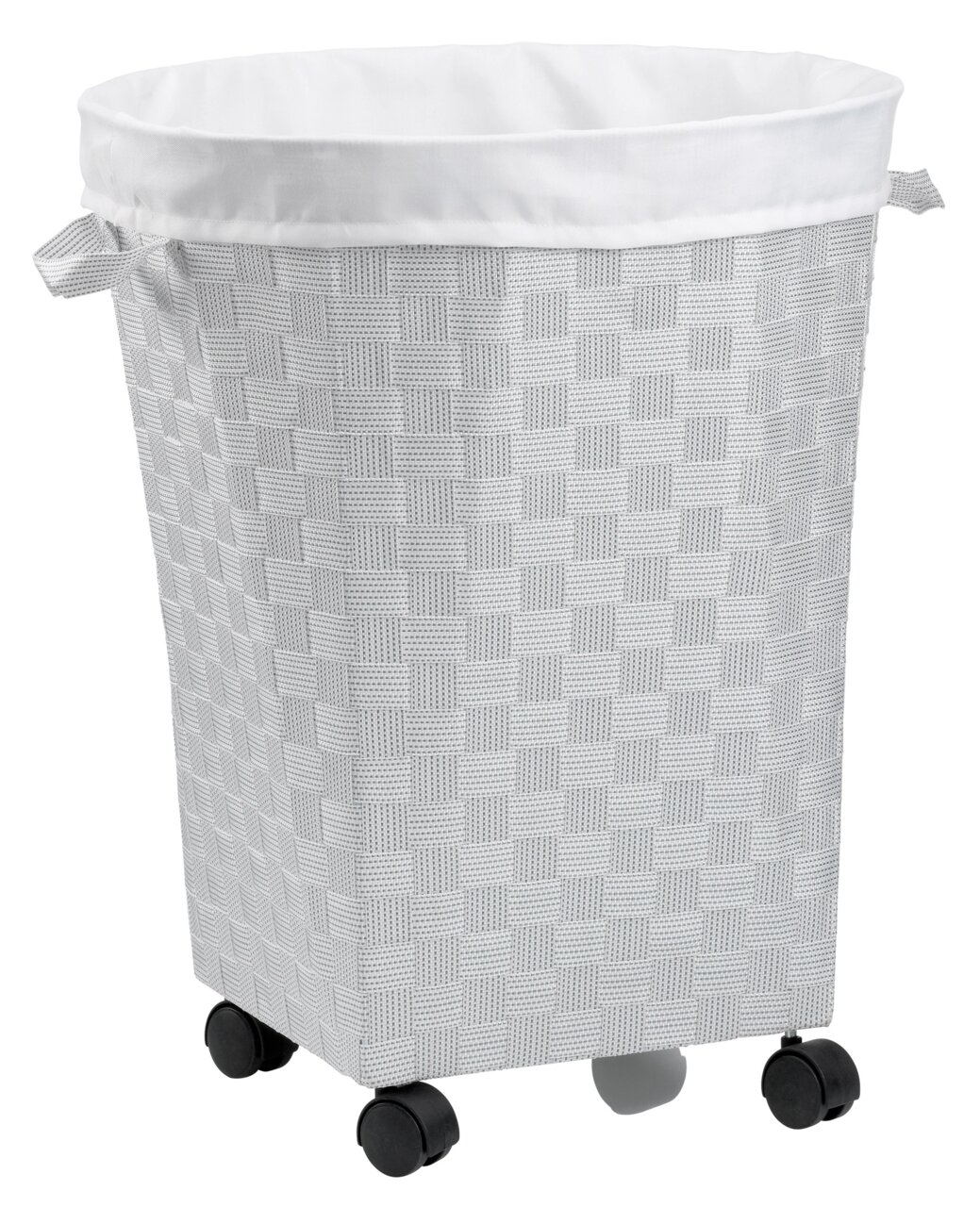 Weiße Wäschebox mit Rollen und gewebtem Muster, seitliche Perspektive