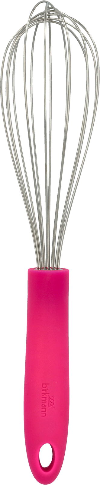 Birkmann Schneebesen COLOUR KITCHEN Ein pinker Schneebesen mit Edelstahl-Drähten, frontal abgebildet.