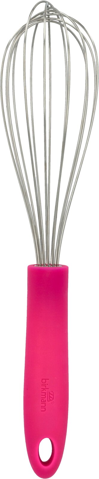 Ein pinker Schneebesen mit Edelstahl-Drähten, frontal abgebildet.