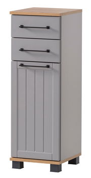 Grauer Unterschrank mit zwei Schubladen und einer Tür, Holzoberfläche, schwarze Griffe, Frontansicht