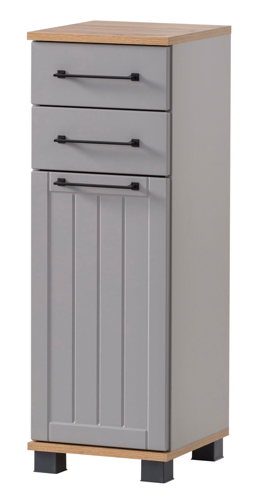 Grauer Unterschrank mit zwei Schubladen und einer Tür, Holzoberfläche, schwarze Griffe, Frontansicht