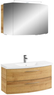 Moderne Badkombination mit Holzoptik, bestehend aus einem Spiegelschrank mit Beleuchtung und einem Waschtisch mit zwei Schubladen, Frontalansicht.
