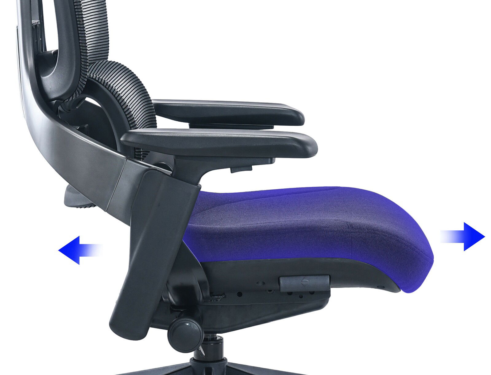 Seitenansicht eines ergonomischen Drehstuhls mit verstellbarer Sitzfläche und Armlehnen, in Blau und Schwarz.