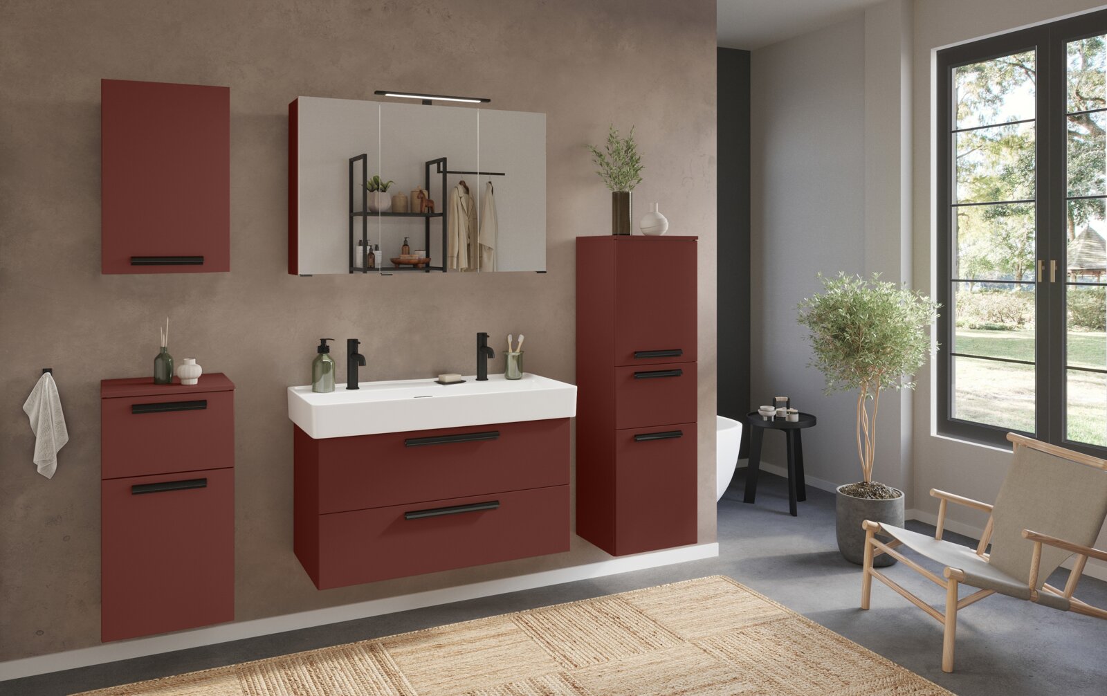 Moderne badkamer met wastafelcombinatie voor twee kranen in rode kleur, gezien vanaf de voorkant. Inclusief spiegel, kasten en decoraties.