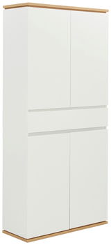 XXL-Schuhschrank in Weiß mit Holzdetails, seitliche Perspektive