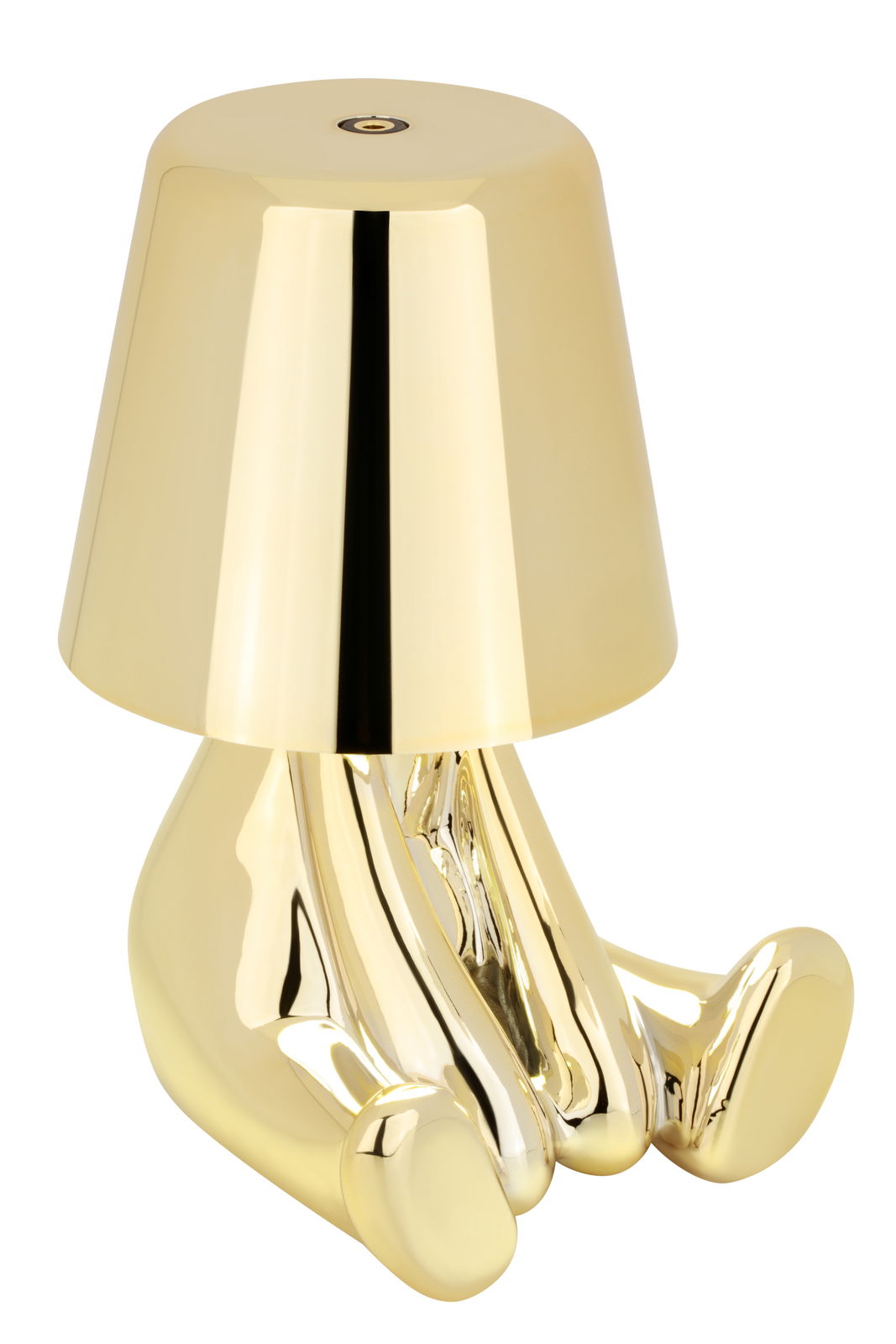 Goldene Akku-Tischleuchte in Form von sitzenden Beinen, seitliche Perspektive