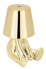 Goldene Akku-Tischleuchte in Form von sitzenden Beinen, seitliche Perspektive