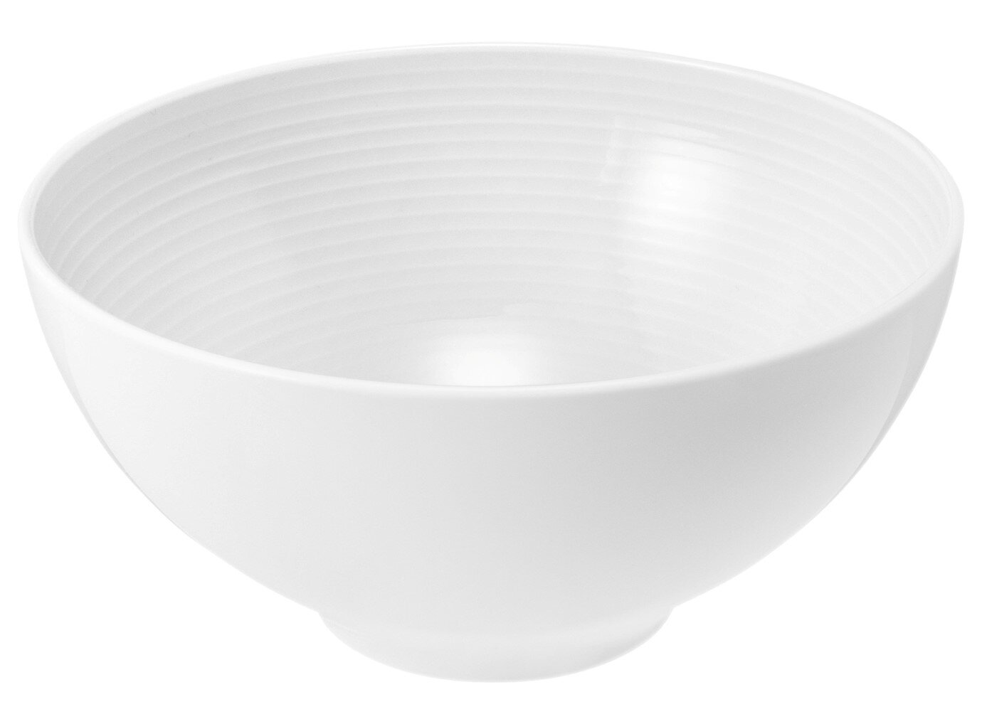 Weiße, runde Schüssel mit geriffelter Oberfläche, seitliche Perspektive