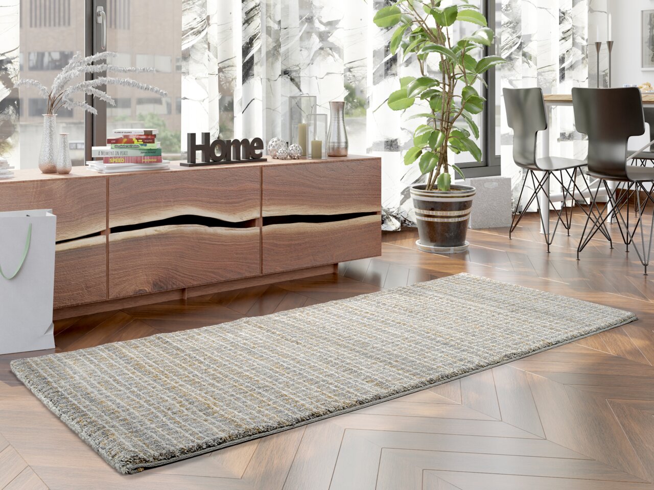 Moderner Frisé-Teppich in einem stilvollen Wohnzimmer mit Holzboden, seitliche Perspektive.
