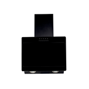 Schwarze Wand-Dunstabzugshaube mit Glasfront und Kaminaufsatz, Frontansicht von vorne auf weißem Hintergrund