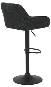 Rückansicht eines modernen Barhockers mit schwarzem, geripptem Stoffbezug und schwarzem Metallgestell.