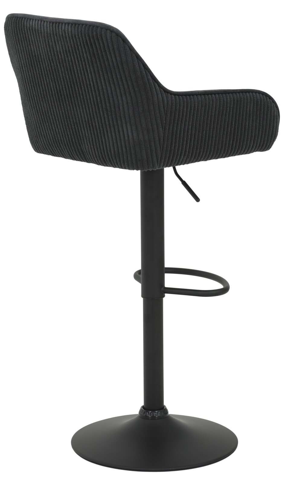 Achterkant van een moderne barkruk met een zwarte, geribbelde stoffen bekleding en een zwart metalen onderstel.