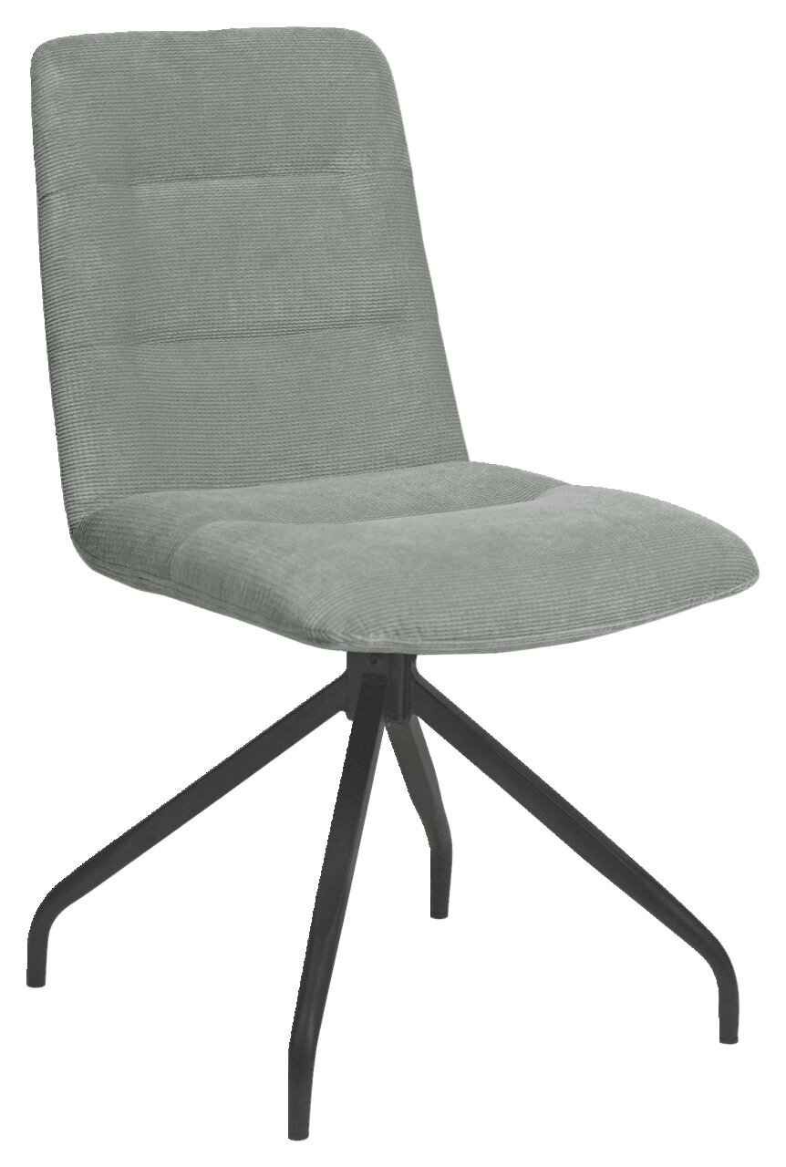 Moderner Stuhl mit grauem Stoffbezug und schwarzem Metallgestell, seitliche Perspektive