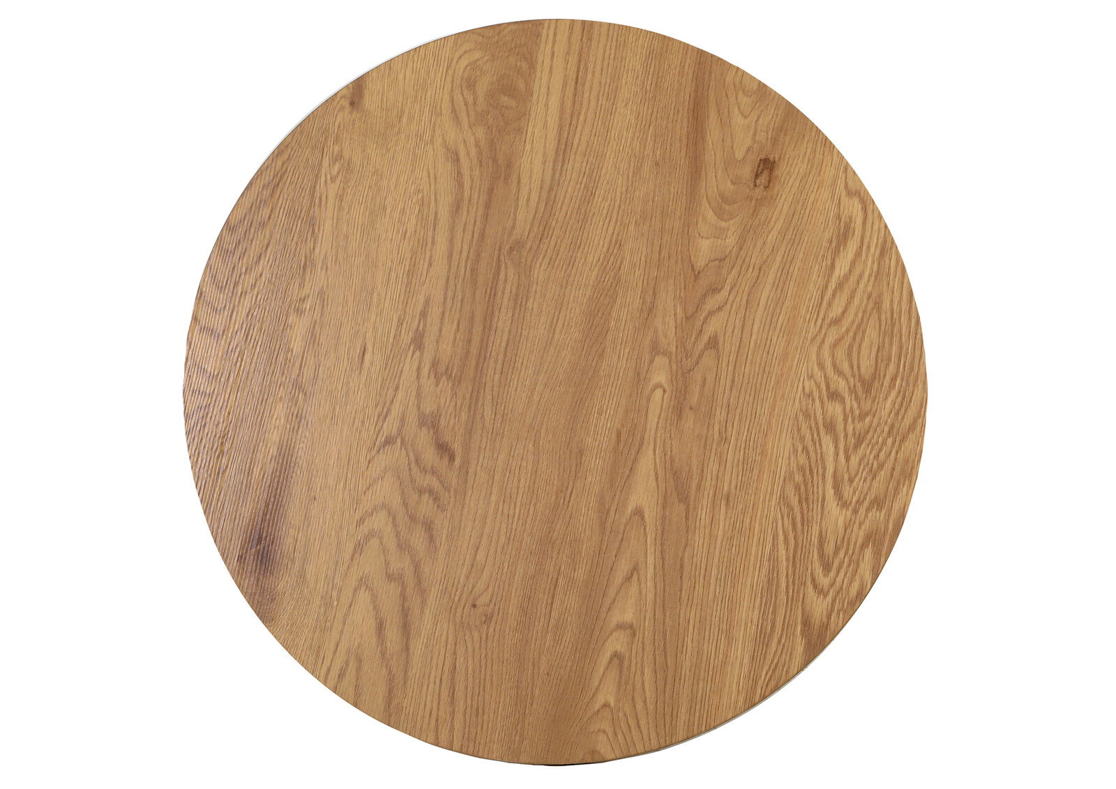Runde Tischplatte aus hellem Eichenholz mit sichtbarer Maserung, Draufsicht von oben auf weißem Hintergrund