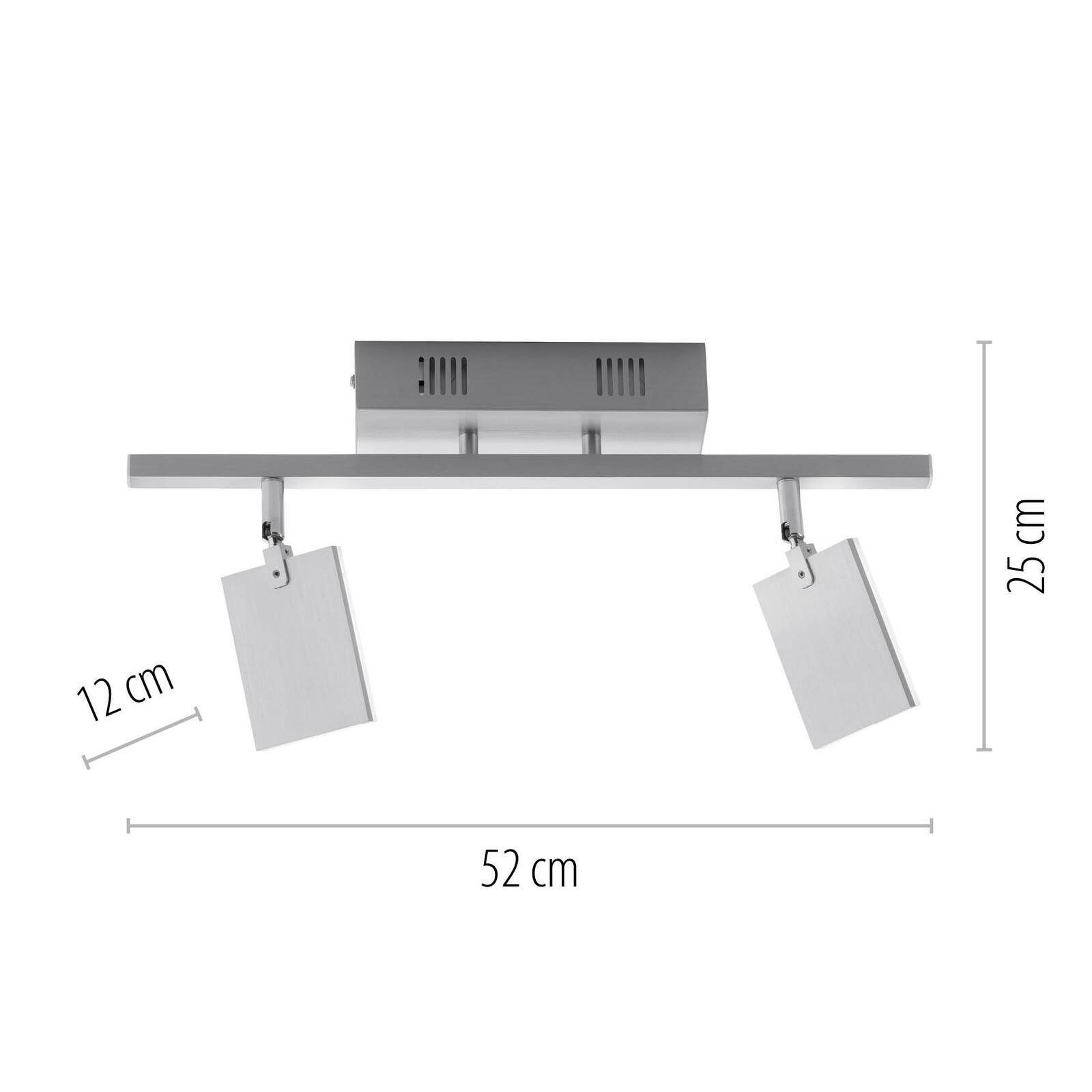 Moderne Deckenleuchte aus Aluminium mit zwei verstellbaren Leuchtkörpern, Ansicht von vorne.