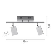 Moderne Deckenleuchte aus Aluminium mit zwei verstellbaren Leuchtkörpern, Ansicht von vorne.