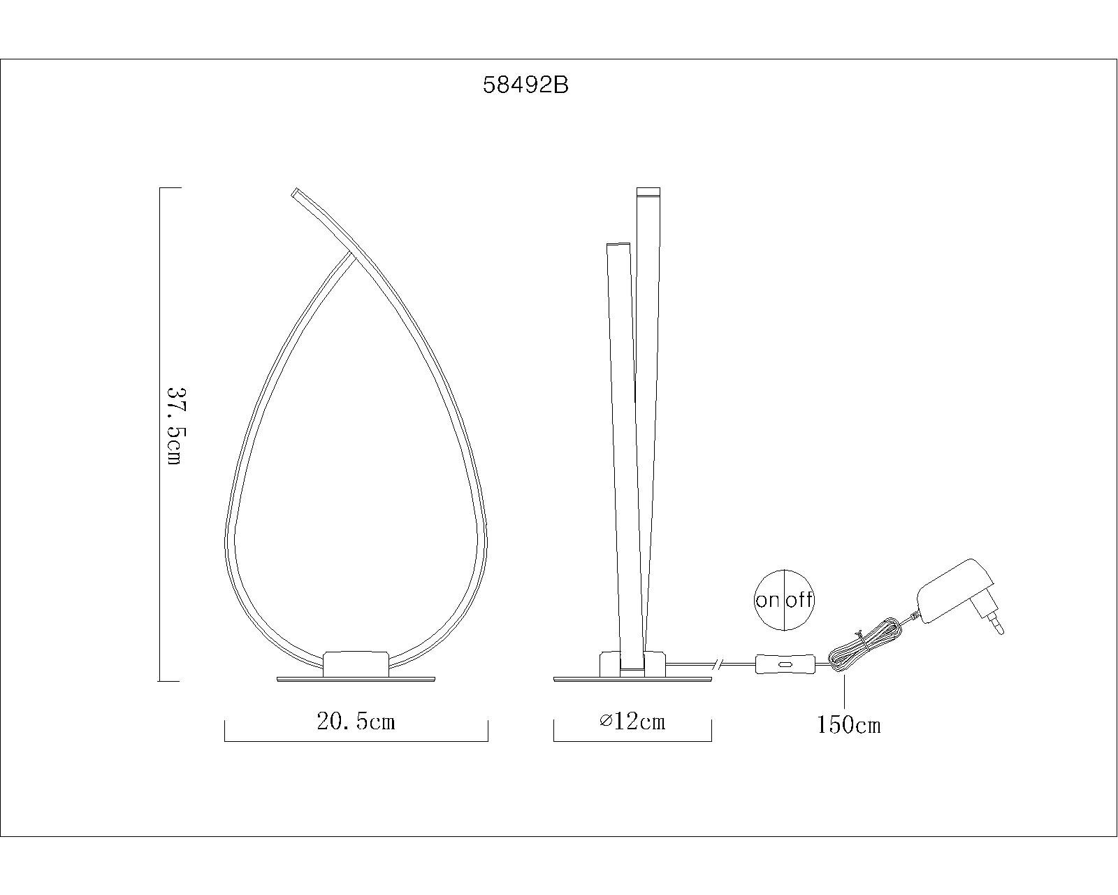 Technische Strichzeichnung einer modernen LED-Tischlampe in Tropfenform mit Maßen (Höhe 37,5 cm, Breite 20,5 cm), Rundfuß Ø 12 cm, 150 cm Kabel mit Ein-/Aus-Schalter und Netzteil, dargestellt in Front- und Seitenansicht.