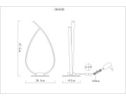 Technische Strichzeichnung einer modernen LED-Tischlampe in Tropfenform mit Maßen (Höhe 37,5 cm, Breite 20,5 cm), Rundfuß Ø 12 cm, 150 cm Kabel mit Ein-/Aus-Schalter und Netzteil, dargestellt in Front- und Seitenansicht.