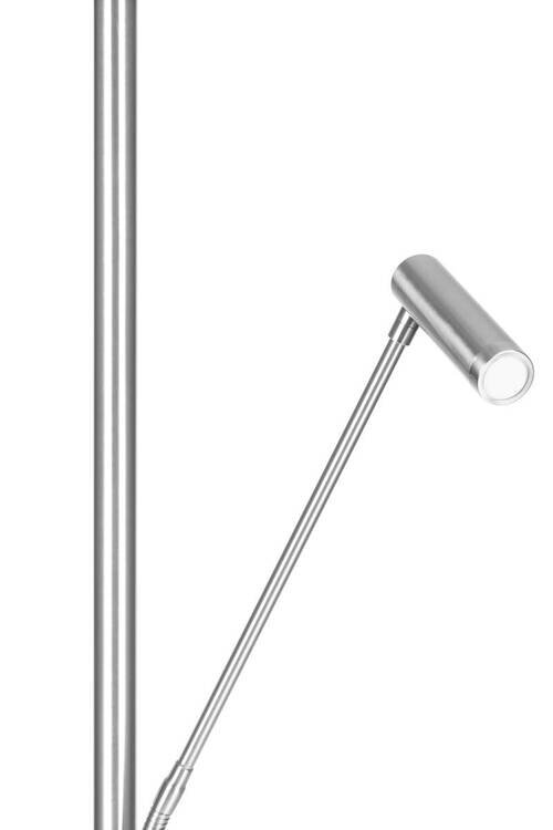 Detailweergave van een moderne LED-plafondlamp met een slank, zilverkleurig ontwerp en een verstelbare leesarm.